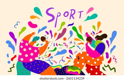 Sport vector colorful illustration with people and abstract doodles