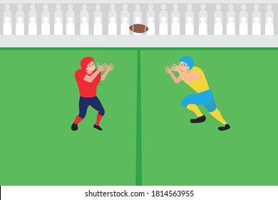Sport vector concept: American football players catching the ball in the green field while wearing safety helmet 
