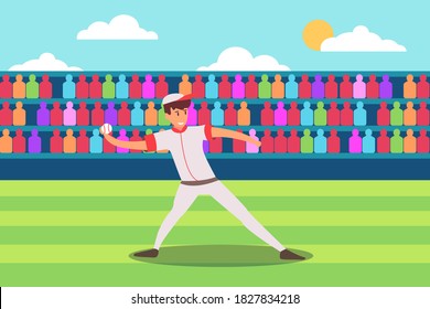 Sport vector concept: Baseball player throwing the ball in the stadium while wearing player uniform