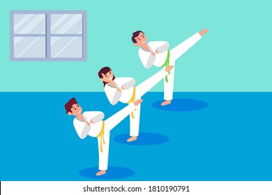 Sport vector concept: Kids training Karate together by kicking pose