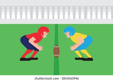 Sport vector concept: Two American football players playing rugby in the green field while wearing helmet