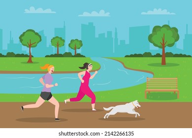 Sport Vector Concept. Two Young Women Jogging With Their Dog At The Park While Enjoying Leisure Time