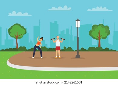 Sport vector concept. Young couple exercising together at the park while wearing sportswear