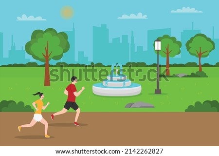 Sport vector concept. Young couple jogging together at the park with fountain background