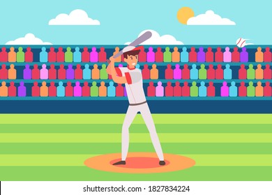 Sport vector concept: Young player hitting the ball while holding baseball bat