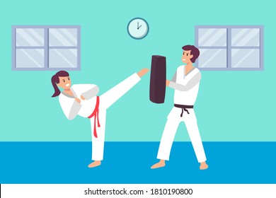 Sport vector concept: Young woman training karate with her instructor by kicking