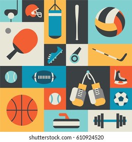 Sport, vector flat illustration, icon set, pattern, background. Golf, rugby, boxing, skates, gloves, Dumbbells, Kerning, volleyball, whistle, hockey, boots, football, tennis, baseball, boxing, soccer