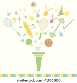 Sport vector graphic of torch with various sports equipment, rackets, balls, swords, and etc.