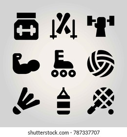 Sport vector icon set. badminton, protein, tennis and muscle