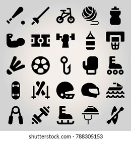 Sport vector icon set. basketball, kayak, roller skate and baseball