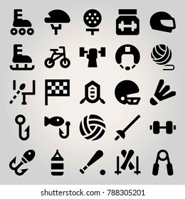 Sport vector icon set. fishing, american football, ice skate and protein