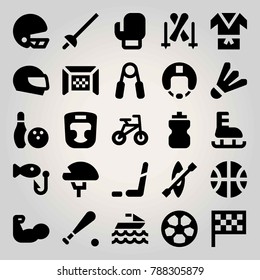 Sport vector icon set. fishing, ice hockey, boxing mask and badminton