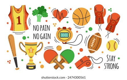 Sport vector icon set. Gym equipment for training, fitness, exercise. Rugby and basketball balls, ping pong paddles, stopwatch, baseball bat, boxing gloves. Running jersey, victory cup. Hand drawn art