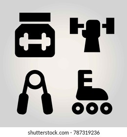 Sport vector icon set. protein, roller skate, weightlifting and handgrip