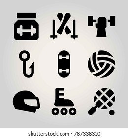 Sport vector icon set. protein, weightlifting, ball and volleyball 