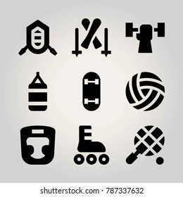 Sport vector icon set. punching bag, skiing, weightlifting and skateboard