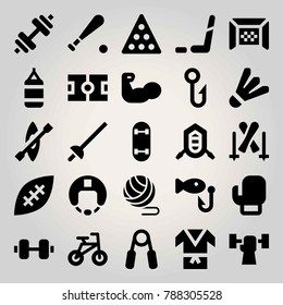 Sport vector icon set. punching bag, weightlifting, rafting and helmet