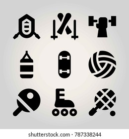 Sport vector icon set. rafting, punching bag, skateboard and roller skate