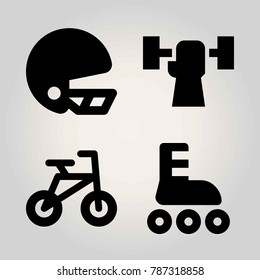 Sport vector icon set. roller skate, helmet, bicycle and weightlifting