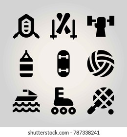 Sport vector icon set. skateboard, weightlifting, skiing and punching bag