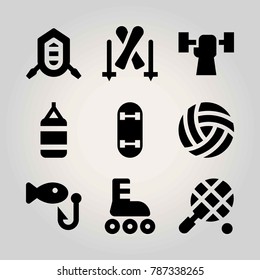 Sport vector icon set. skateboard, fishing, skiing and punching bag