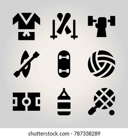 Sport vector icon set. skateboard, football, field and weightlifting