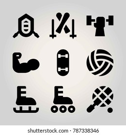 Sport vector icon set. skateboard, roller skate, skiing and weightlifting