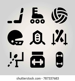 Sport vector icon set. skiing, ice hockey, american football and rafting