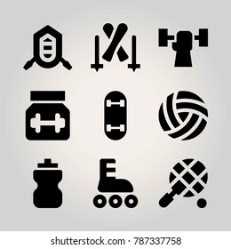 Sport vector icon set. skiing, roller skate, weightlifting and bottle