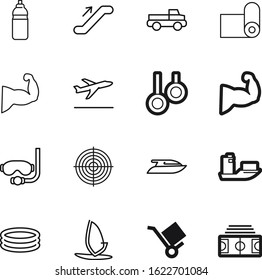 sport vector icon set such as: cardboard, departures, fly, start, carpet, logistic, business, mat, way, tire, glasses, arena, wheel, gray, gym, center, freight, snorkeling, pick, activity, swimwear