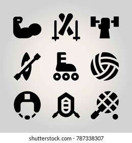 Sport vector icon set. tennis, weightlifting, ball and rafting