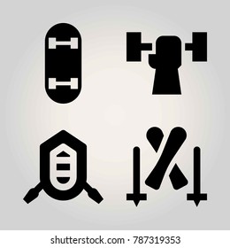 Sport vector icon set. weightlifting, rafting, skateboard and skiing