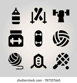 Sport vector icon set. weightlifting, skateboard, volleyball  and ball