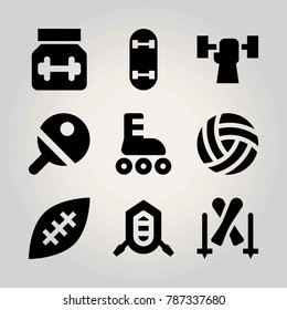 Sport vector icon set. weightlifting, ball, skiing and american football