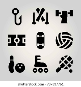 Sport vector icon set. weightlifting, football, tennis and hook