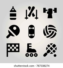 Sport vector icon set. weightlifting, roller skate, flag and volleyball 