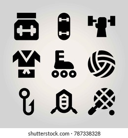 Sport vector icon set. weightlifting, roller skate, skateboard and protein
