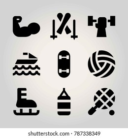 Sport vector icon set. weightlifting, skiing, skateboard and punching bag