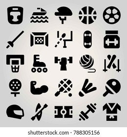 Sport vector icon set. weightlifting, ping pong, skateboard and helmet