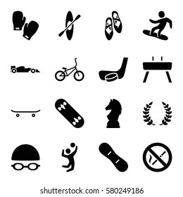 Sport vector icons. Set of 16 Sport filled icons such as snowboard, volleyball player, no smoking, skateboard, gymnastic apparatus, olive branch, swimming hat and glasses
