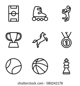 Sport vector icons. Set of 9 Sport outline icons such as trophy, volleyball player, medal, football pitch, skate rollers, horse, chess king, basketball