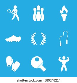 Sport vector icons. Set of 9 Sport filled icons such as tennis playing, bodybuilder, skipping rope, olive branch, torch, soccer trainers, boxing gloves, table tennis