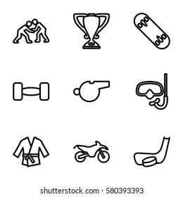 Sport vector icons. Set of 9 Sport outline icons such as barbell, trophy, kimono, hockey stick and puck, skate board, whistle, motorbike, snorkel