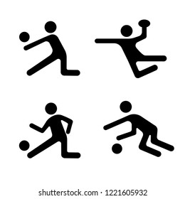 Sport vector icons set, ball games logo, shape athlete person. Black badges football, basketball, volleyball and various ball games isolated on white background
