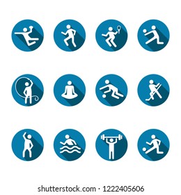 Sport vector icons set, flat fitness logo, emblem of the team and singles games. White badges athlete in a round blue frame with shadow isolated on white background