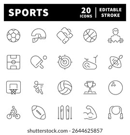Ícones de vetor de esporte. Coleção de ícones de linha fina Sport. Fitness, exercício, treino, treino, Futebol, Futebol, Basquetebol, Tênis, Beisebol, Voleibol, ícones relacionados com esporte