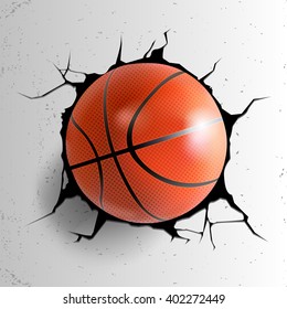 Sport-Vektorgrafik mit Basketball-Ball in geknackter Wand mit Grunge-Textur