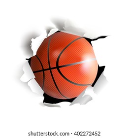 Sport vector illustration with basketball ball coming out from torn paper on white background.
