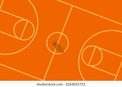 sport Vector illustration of a basketball court with a ball and shadow on ground orange background, no people abstract background graphic website card poster calendar printing
