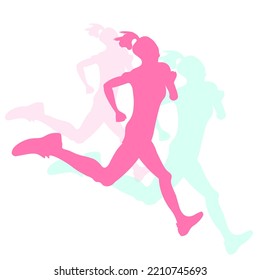 Sport Vector Illustration Of Silhouette Pink Green Beautiful Woman Running With Pony Tail Hair, Shadow Of Run Girl With Sport Shoes
